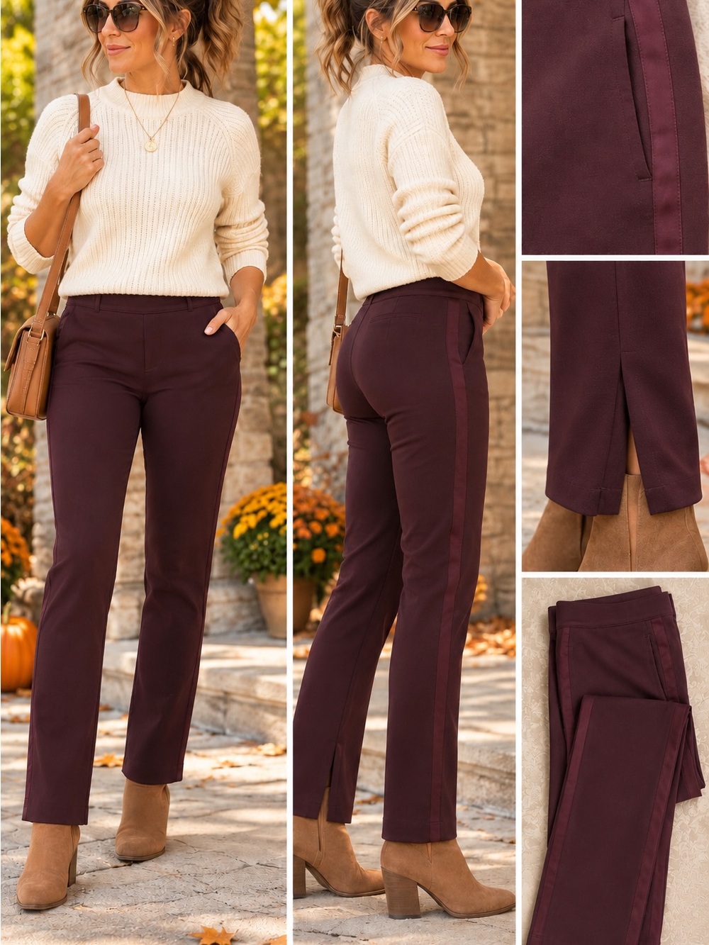 rag & bone Straight-Leg Pull-On Pants in Burgundy with Tonal Side Stripe